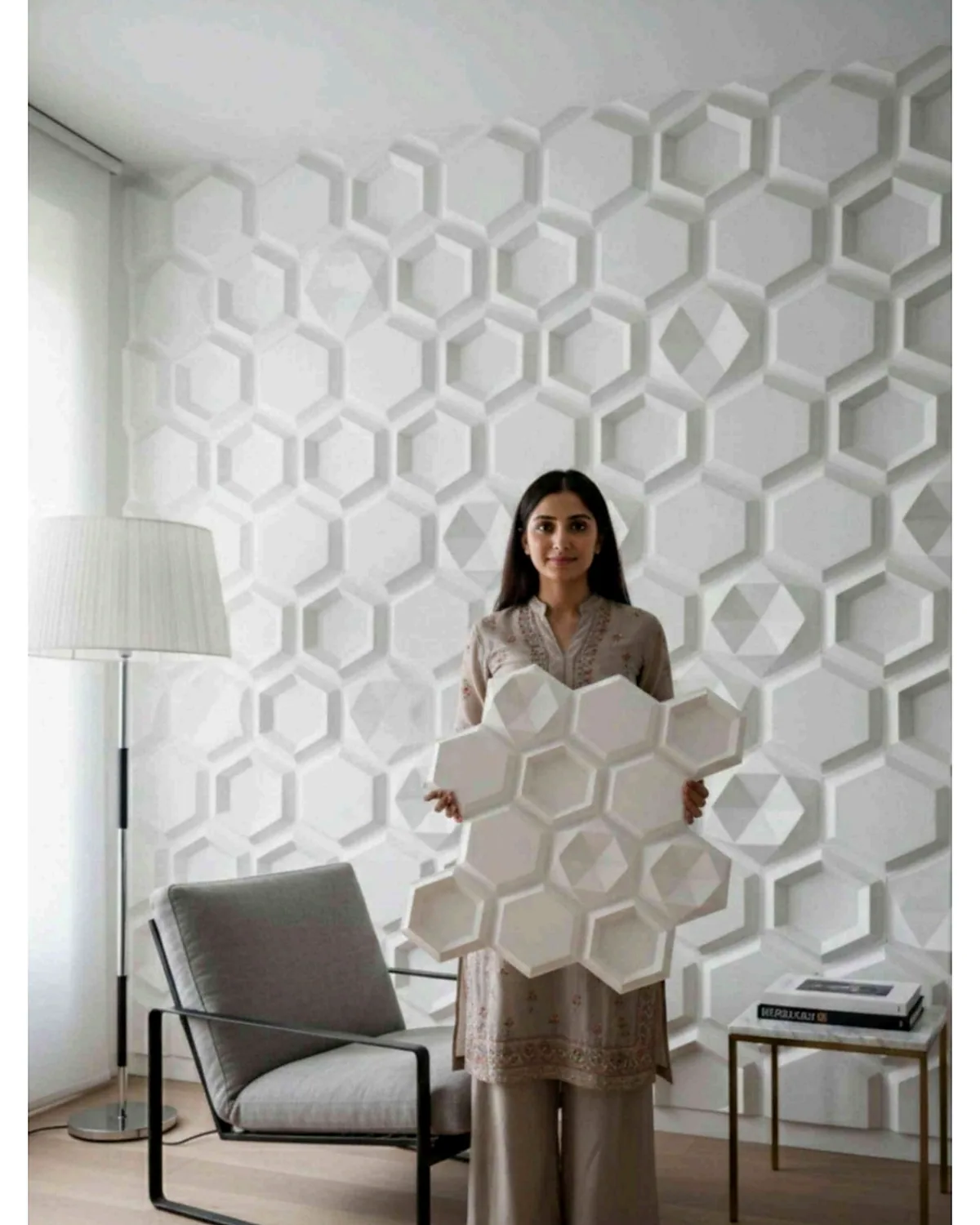 Emerald 3D PVC wall panel shown in a styled room setting