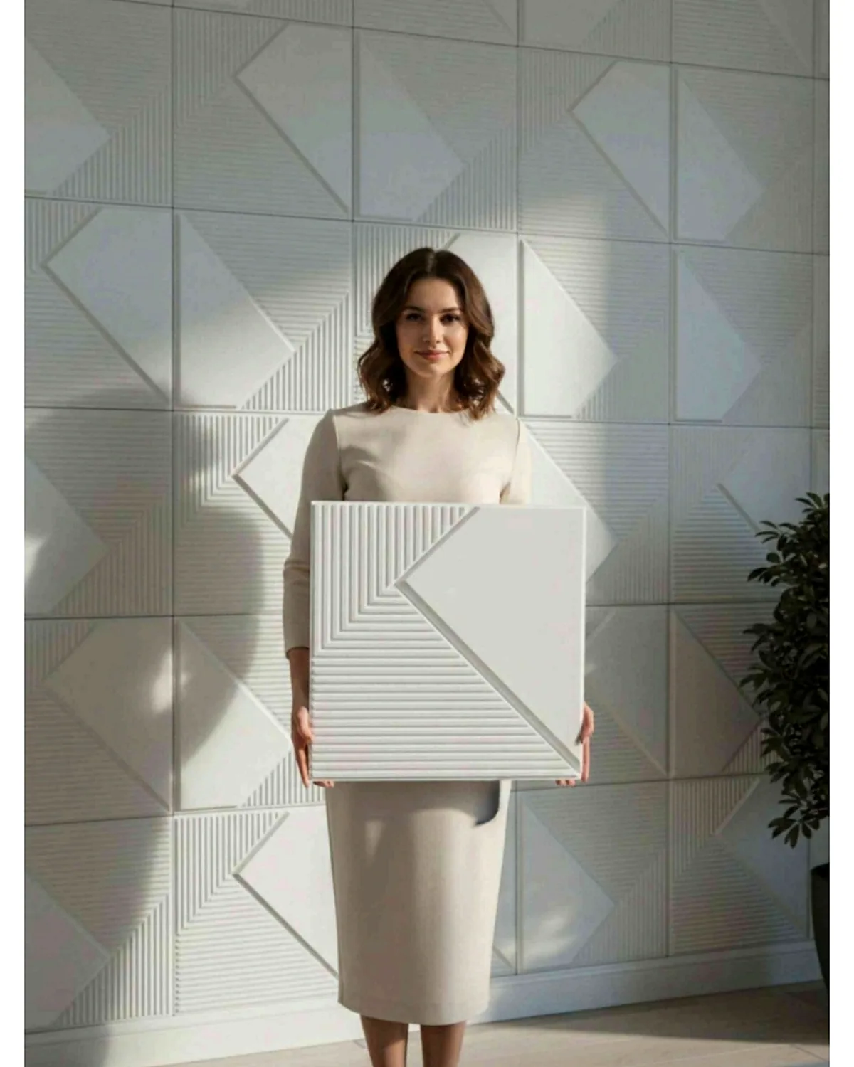 Fin 3D PVC wall panel shown in a styled room setting