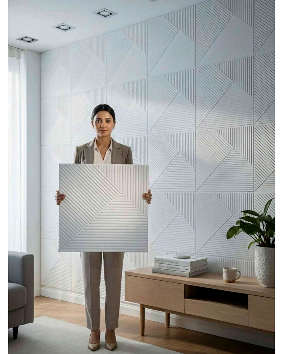 Louvre 3D PVC wall panel shown in a styled room setting