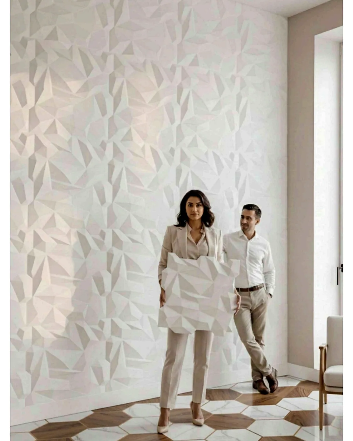 Sapphire 3D PVC wall panel shown in a styled room setting