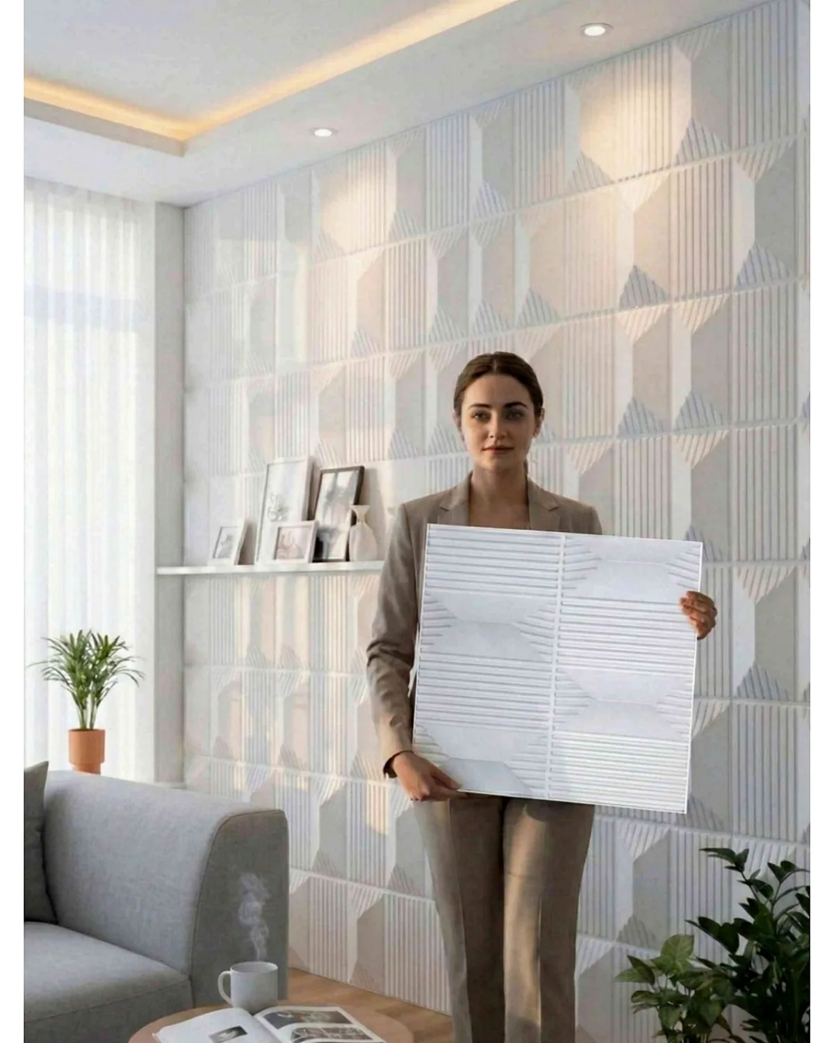 Stone 3D PVC wall panel shown in a styled room setting