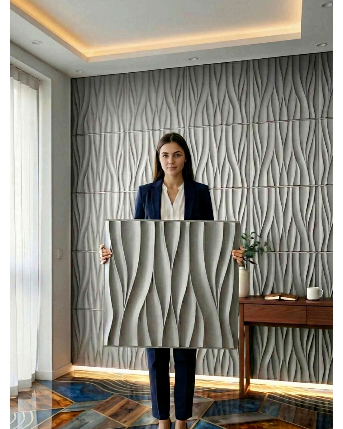 Torrent 3D PVC wall panel shown in a styled room setting