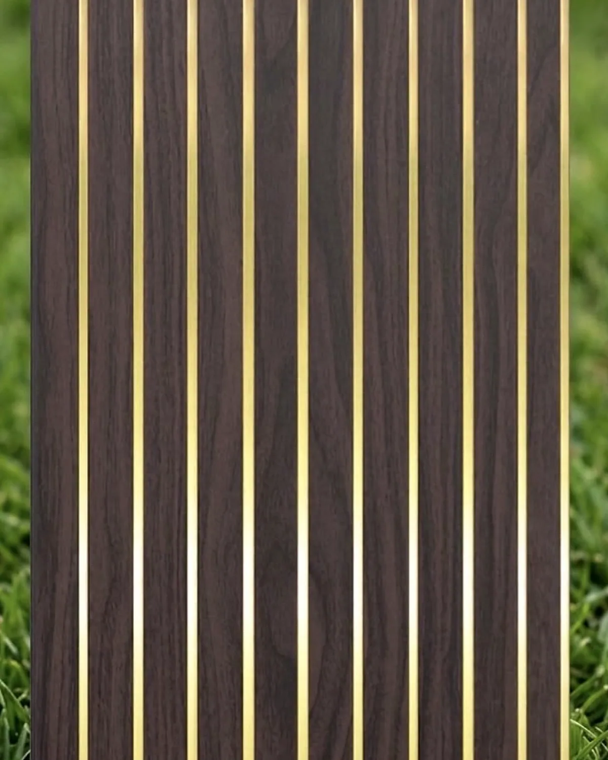 Dark wood-look fluted panel with slim golden lines